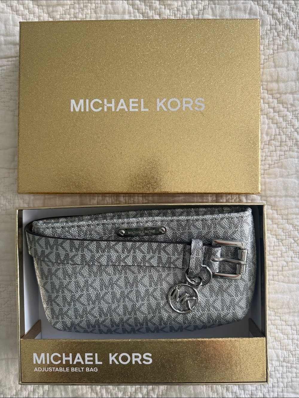 Michael Kors Adjustable Belt Bag KeyChain Set of 2 Sz S/M Silver Signature NWOT